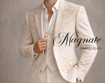 Traje de tres piezas para hombre a medida en color crema y oro champán bordado / Esmoquin de lujo para novio en boda de verano / Blazer y chaleco con tacto de lino bordados a mano