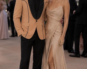 Luxury Peach Wedding Tuxedo for Men, Black Rhinestone Shawl Lapel Suit, Bespoke Groom Tuxedo, Custom Formal Jacket, Modern Reception Suit