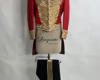 Hand-Embroidered Red & Gold Tailcoat | Custom Military Style Jacket | Regal Formal Wear | Men’s Customizable Embroidery Coat