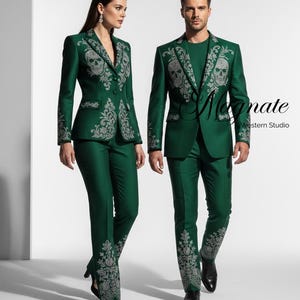Emerald Green Skull Embroidered Suit – Custom Gothic Luxury Men’s Suit, Handcrafted Statement Blazer & Trousers, Fully Customizable image 1