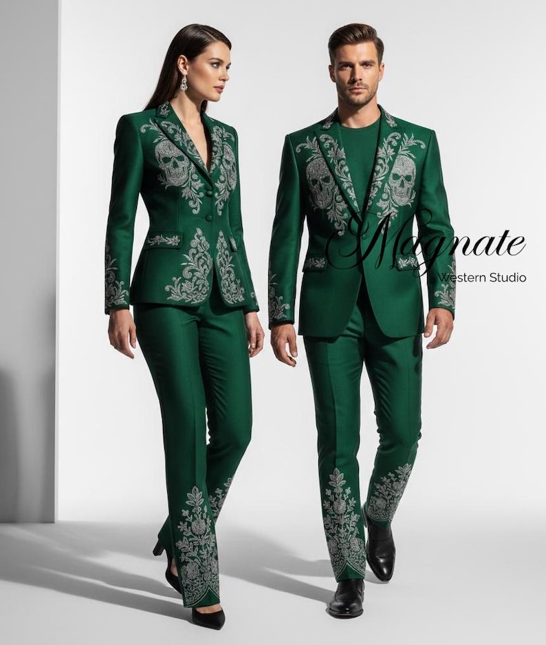Emerald Green Skull Embroidered Suit – Custom Gothic Luxury Men’s Suit, Handcrafted Statement Blazer & Trousers, Fully Customizable image 1