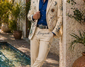 Cream Celestial Embroidered Suit | Sun Moon Star Blazer Pants Set | Western Wedding Outfit