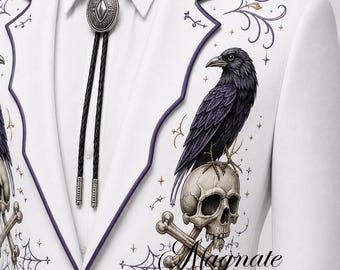 Men's White Gothic Western Suit, Custom Embroidered Skull & Raven Blazer Set, Halloween Cowboy Couture, Spiderweb Nudie Suit, Flared Pants