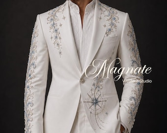 Luxury Celestial Compass Embroidered White Suit for Men – Custom Handmade Wedding Tuxedo, Crystal & Beaded Blazer Set, Statement Formal Wear