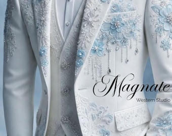 Embroidered White & Light Blue 3-Piece Suit for Men - Beaded Floral Tuxedo - Unique Statement Wedding Attire