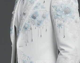 男性用刺繍入りホワイト＆ライトブルー3ピーススーツ - ビーズ付き