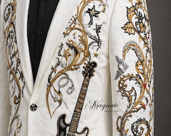 Luxury Ivory Embroidered Men Suit Guitar Western Blazer Wedding Suit Handmade Designer Groom Outfit Statement Formal Suit