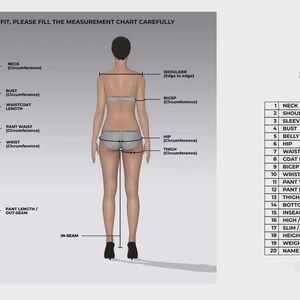 Puede incluir: Diagrama que ilustra las medidas corporales para ropa. Incluye vistas frontal y posterior de una persona con puntos de medici&oacute;n etiquetados como cuello, busto y cintura. Tambi&eacute;n hay una tabla de medidas en pulgadas.
