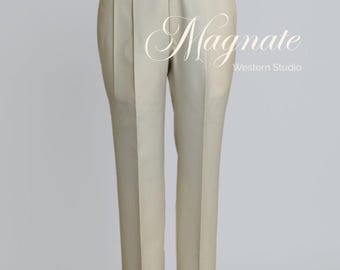Customized Cream High-Waisted Pleated Trousers | Formal Slim Fit Pants for Men | Cuffed Bottom Dress Pants Business Casual & Wedding Attire