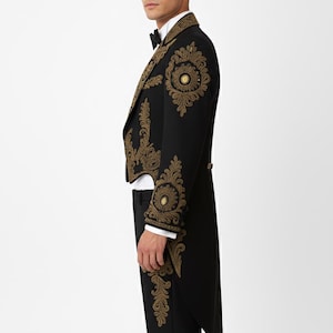Luksusowy, czarny, haftowany komplet frak i spodnie | Ręcznie robiony garnitur w stylu Matador | Formalny, zdobiony strój