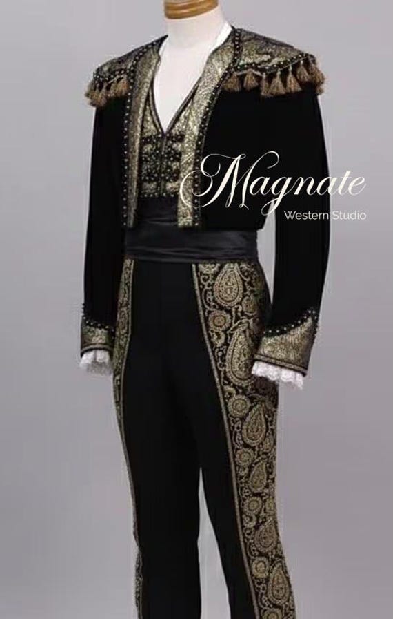 メンズ ブラック＆ゴールド マタドールスーツ - 刺繍入り闘牛士 Traje 