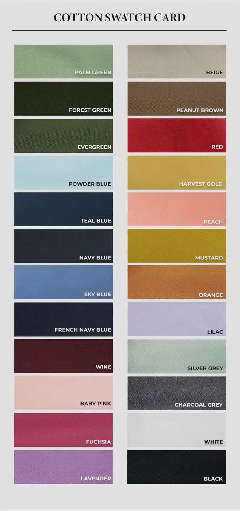 May include: Cotton swatch card featuring a variety of fabric colors. Includes Palm Green, Beige, Red, Navy Blue, and Black. The card displays the color names below each swatch. The text "COTTON SWATCH CARD" is at the top.