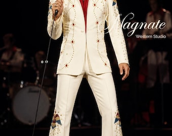 Weißer Elvis-inspirierter Jumpsuit für Herren, maßgeschneiderter Bühnenanzug, Strass-Schlaghosen-Outfit, Kostüm für Tribute-Künstler, Konzertbekleidung