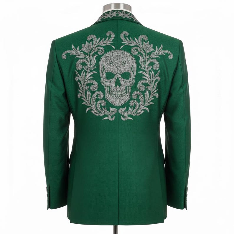May include: A dark green blazer featuring a silver embroidered skull and floral design on the back. The blazer is tailored and displayed on a mannequin. The design is intricate and detailed, with a classic fit.