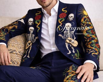 Hand-Finished Western Suit - Navy Blue Tailored Suit with Skeleton, Rose, and Serpent Embroidery - Premium Musician Stage Outfit