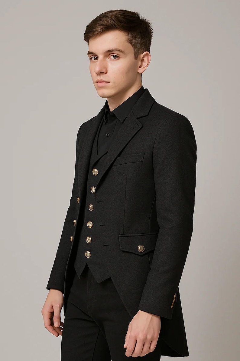 May include: A dark gray three-piece suit with gold-colored buttons. The suit includes a jacket, vest, and dress pants. The jacket has a tailored fit with a notched lapel and pockets. The vest has a row of gold buttons. The suit is made of a textured fabric.