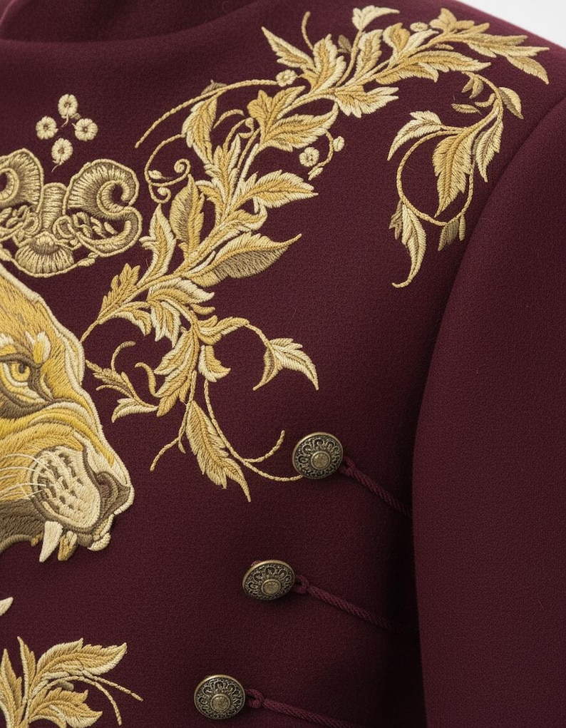 K&ouml;nnte beinhalten: Burgunderfarbene Jacke mit aufwendiger goldener Stickerei eines L&ouml;wenkopfes und floralen Mustern. Sie verf&uuml;gt &uuml;ber verzierte goldene Kn&ouml;pfe und Kordelverschl&uuml;sse. Das Design der Jacke ist detailliert und luxuri&ouml;s, geeignet f&uuml;r formelle Anl&auml;sse.