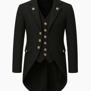 May include: Black formal suit with a long tailcoat design. The suit includes a matching vest and jacket with gold-colored buttons. The jacket has two front pockets and a notched lapel. The suit is tailored for a classic, formal look.