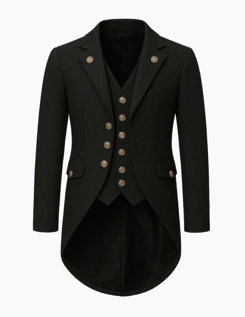 May include: Black formal suit with a long tailcoat design. The suit includes a matching vest and jacket with gold-colored buttons. The jacket has two front pockets and a notched lapel. The suit is tailored for a classic, formal look.