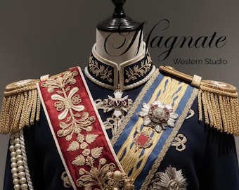 Regal Royal Military Uniform Costume – Embroidered Noble Officer Outfit with Gold Trim & Lace Layers