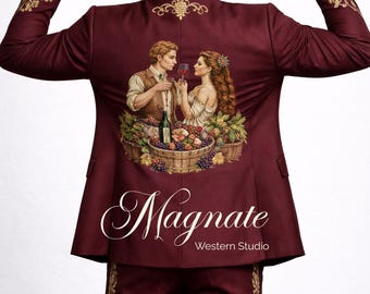 Bespoke Burgundy Wine Heritage Suit - Hand-Embroidered Vineyard Wedding Tuxedo - Grape Harvest Silk Thread Art - Magnate Western Studio