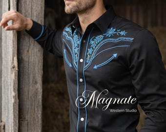 Black Western Embroidered Shirt for Men, Turquoise Floral Cowboy Shirt, Vintage Rodeo Style Button Down, Country Outfit, Western Wear