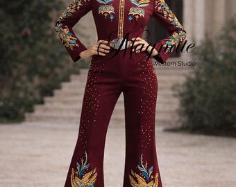 Hand-Embroidered Nudie Suit - Custom Western Couture Traje de Luces Inspired Two-Piece - Luxury Phoenix & Floral Embroidery Flare Pants Suit