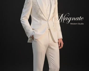 Men’s Luxury White Wedding Suit - Silver Sequin and Bead Embroidered 3-Piece Tuxedo , Gala Dinner Suit, Prom & Red Carpet Blazer