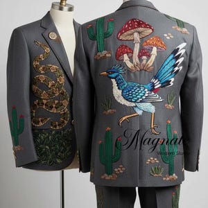 Southwestern Embroidered Suit – Roadrunner, Snake & Cactus Statement Jacket