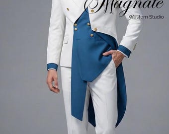 Men’s Luxury White & Royal Blue Tailcoat Suit – Double Breasted Designer Western Outfit | Custom Fit Wedding and Groom Suit