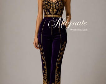 Luxury Purple Velvet Jumpsuit with Gold Embroidery, Strapless Evening Jumpsuit, Couture Women's Formal Wear, Designer Velvet Pantsuit