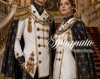 Royal White & Navy Military Prince Suit for Men – Luxury Ceremonial Uniform with Cape, Gold Embroidery – Custom Tailored Royal Costume