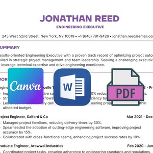 Könnte beinhalten: Ein Lebenslauf für Jonathan Reed, einen Engineering Executive, mit Kontaktinformationen und einer Zusammenfassung seiner Fähigkeiten. Der Lebenslauf enthält Berufserfahrung, Ausbildung und zusätzliche Informationen. Der Lebenslauf enthält die Canva-, Word- und PDF-Logos.