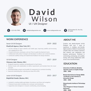 Könnte beinhalten: Ein professioneller Lebenslauf für David Wilson, einen UI/UX-Designer. Der Lebenslauf enthält Kontaktinformationen, Berufserfahrung von 2013-2022, Ausbildung von 2006-2008, Fähigkeiten und Referenzen. Der Lebenslauf ist weiß mit schwarzem Text.