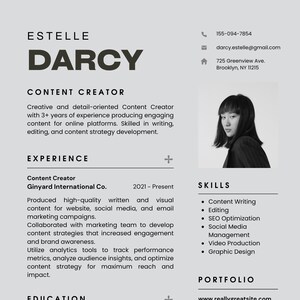 Könnte beinhalten: Ein Lebenslauf für Estelle Darcy, Content Creator. Der Lebenslauf enthält Kontaktinformationen, ein Foto, Erfahrung bei Ginyard International Co., Fähigkeiten in Content Writing und SEO, Ausbildung, Zertifizierungen und Sprachen.