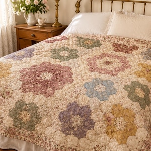Grandmother’s Flower Garden Quilt Pattern PDF, Vintage EPP Quilt, Hexagon Flower Quilt, English Paper Piecing Pattern