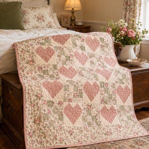 Modello PDF per trapunta Heart Garden, trapunta a cuori adatta ai principianti, trapunta patchwork floreale, modello per trapunta regalo, compatibile con i charm pack.