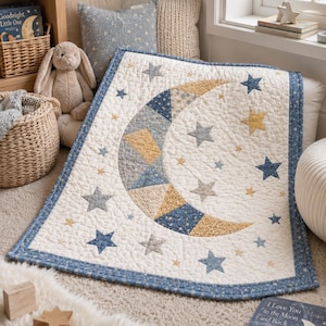 May include: A quilted baby blanket featuring a large crescent moon composed of various blue, grey, and yellow patterned fabric triangles. The white background is decorated with scattered stars in shades of blue, grey, and yellow, finished with a blue star-patterned border.