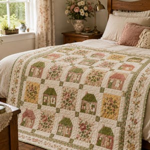 Könnte beinhalten: Eine Patchwork-Tagesdecke mit einem sich wiederholenden Muster aus kleinen Häusern und Blumenblöcken in Salbeigrün, Altrosa und Cremetönen. Die Decke hat einen breiten Rand, der mit einem zarten Blumenrankenmuster verziert ist.