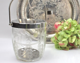 Vintage Ice Bucket, Crystal Ice Bucket with Handle, Hinged Lid and Drain, Bar Ice Bucket, Etched Floral Ice Bucket, Made in Japan,  c1950s