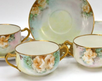 Limoges Soup Bowls, Set of 4, Haviland Bouillon Cups/Saucer Sets, Hand Painted, Made in France, c1906, Vintage China & Ceramics