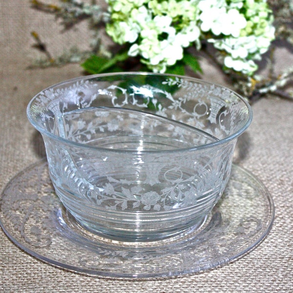 Vintage Etched Serving Bowl, Cambridge Etched Glass Bowl w/Underplate, Divided Dressing Bowl, Cambridge Glass Sauce Bowl, c1930s