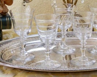 Vintage French Crystal Monogrammed Wine Glass, Set of 6 Elegant Wine Glasses, Aperitif Glasses, c1910s, Vintage Barware & Glasses