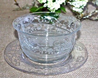 Vintage Etched Serving Bowl, Cambridge Etched Glass Bowl w/Underplate, Divided Dressing Bowl, Cambridge Glass Sauce Bowl, c1930s