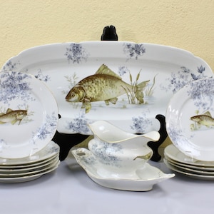 Antique Ironstone Plates, Fish Platter and Gravy Boat, Fish Plates, Fish Platter,  14-Piece Set, Blue Transferware, c1890s, Vintage China