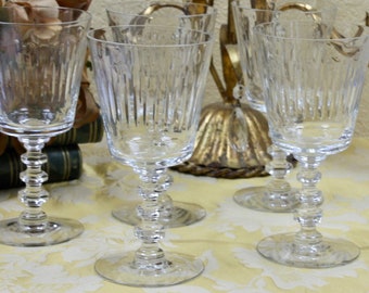 Vintage Tiffin Wine/Water Crystal Glasses, Set of 5, Vertical & Round Cut Crystal w/Wafer Stems, c1950s, Elegant Shower/Housewarming Gift