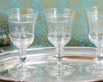 Vintage French Crystal Monogrammed Wine Glass, Set of 3 Elegant Wine Glasses, Etched Cocktail Glass, c1910s, Vintage Barware & Glasses