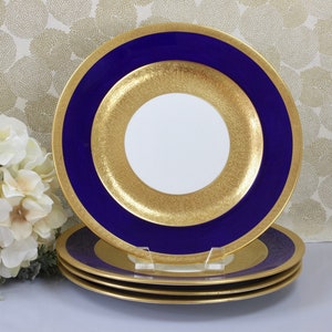 Antique Crown Chelsea Plates, Cobalt Blue Gold Encrusted China, Set of 4