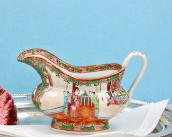 Antique Rose Medallion Gravy Boat, Sauce Creamer, Chinese Hand Painted Colorful Floral Pinks/Greens , c1920s, Vintage China & Ceramics