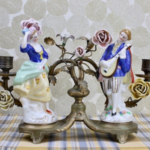 Antique French Candelabra, Figural Man & Woman Double Candleholder, Hand-painted Porcelain/Brass, Wedding Gift, c1880, Vintage Home Decor